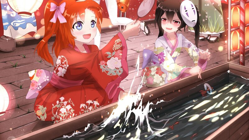 Two Girls in Kimonos — Red, Festive, Night, Anime, Koi Fish, Lanterns