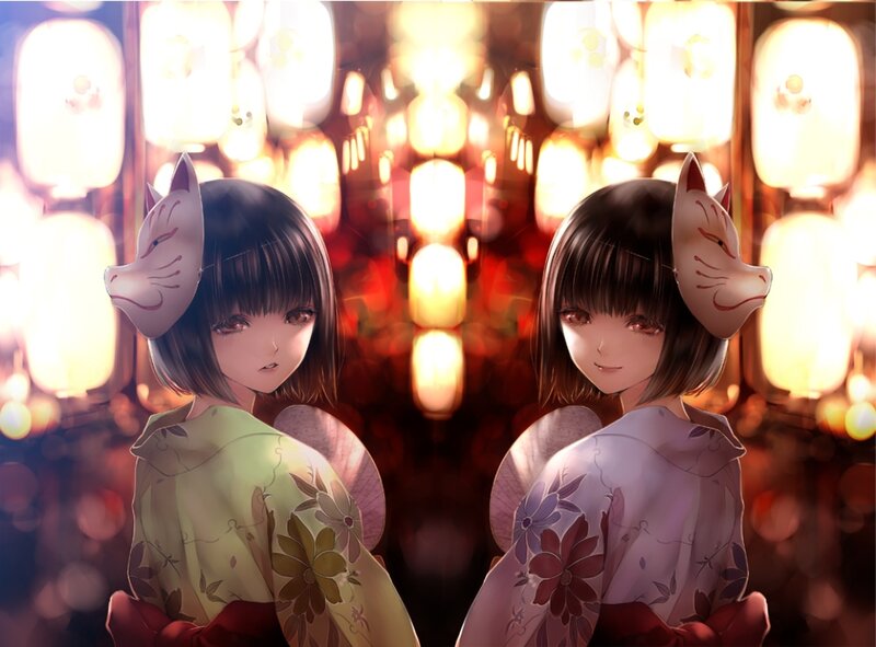 Two Girls in Kimonos — Red, Festive, Night