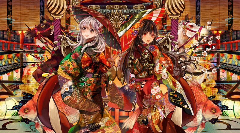 Two Girls in Kimonos — Red, Festive