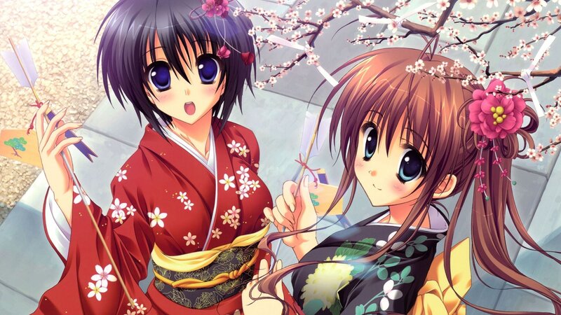 Two Girls in Kimonos — Red, Peaceful, Spring, Anime
