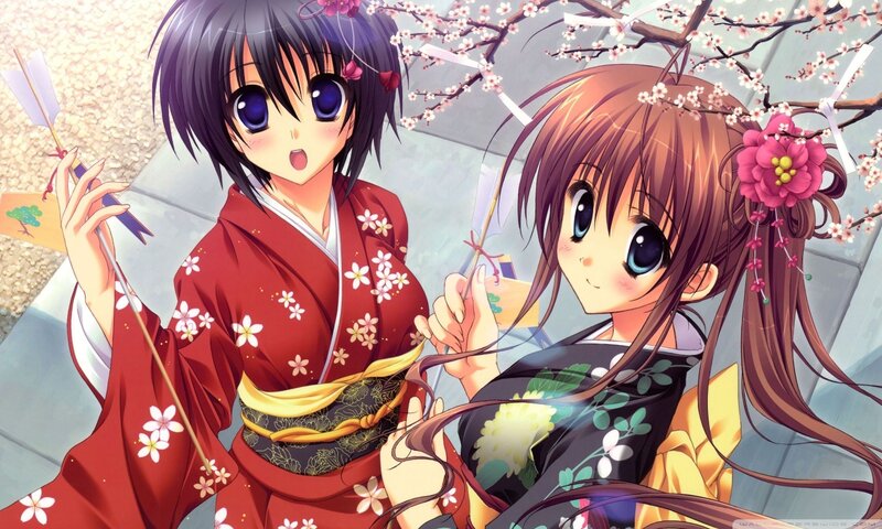 Two Girls in Kimonos — Red, Peaceful, Spring