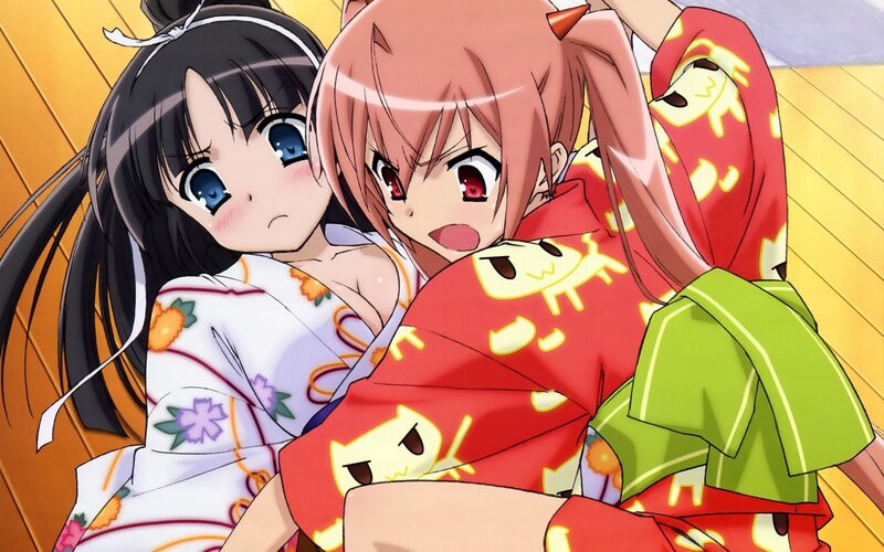 Two Girls in Kimonos — Red, Playful