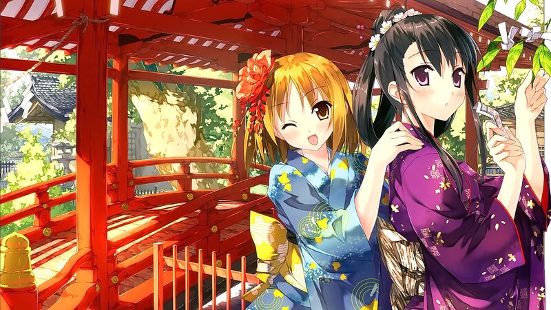 Two Girls in Kimonos — Red, Serene, Afternoon, Anime, Kimono