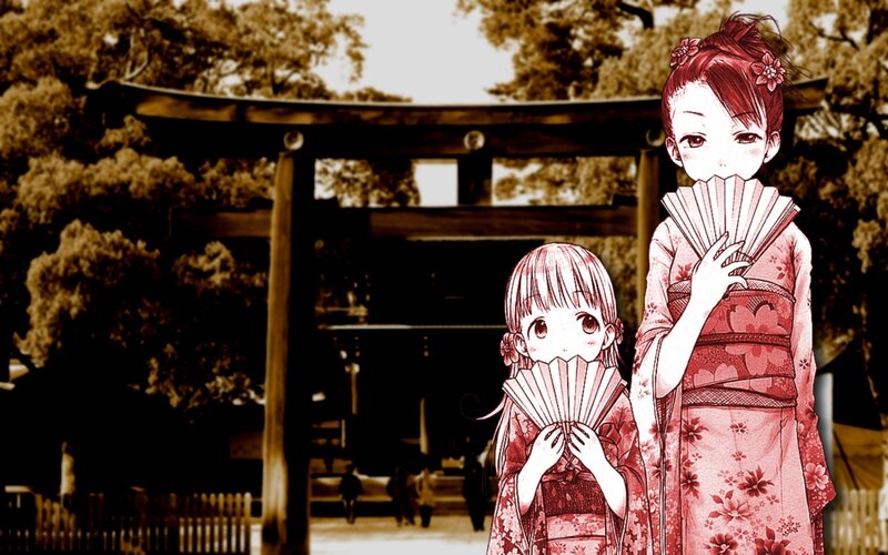 Two Girls in Kimonos — Red, Serene, Afternoon, Anime