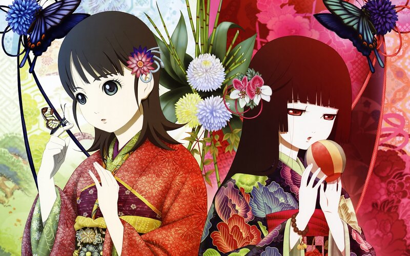 Two Girls in Kimonos — Red, Serene, Anime