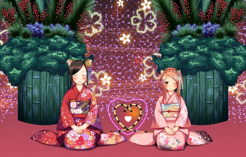 Two Girls in Kimonos — Red, Serene, Night