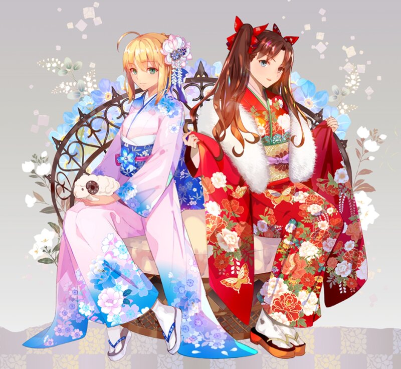 Two Girls in Kimonos — Red, Serene, Spring, Anime, Kimono, Bench