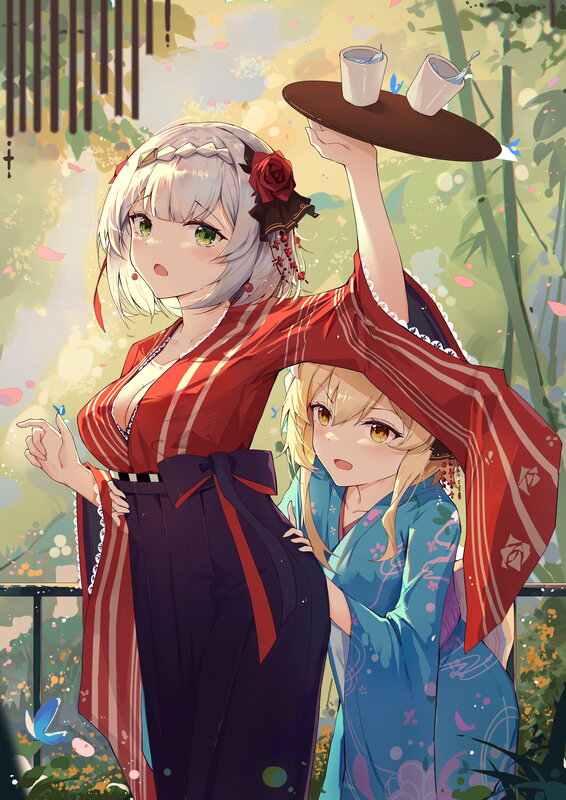 Two Girls in Kimonos — Red, Serene, Spring, Anime, Kimono, Tray