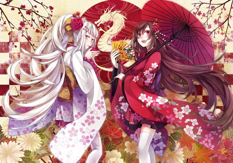 Two Girls in Kimonos — Red, Serene, Spring, Anime