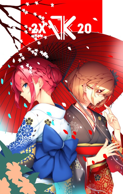 Two Girls in Kimonos — Red, Serene, Spring, Anime, Umbrella, Cherry Blossoms
