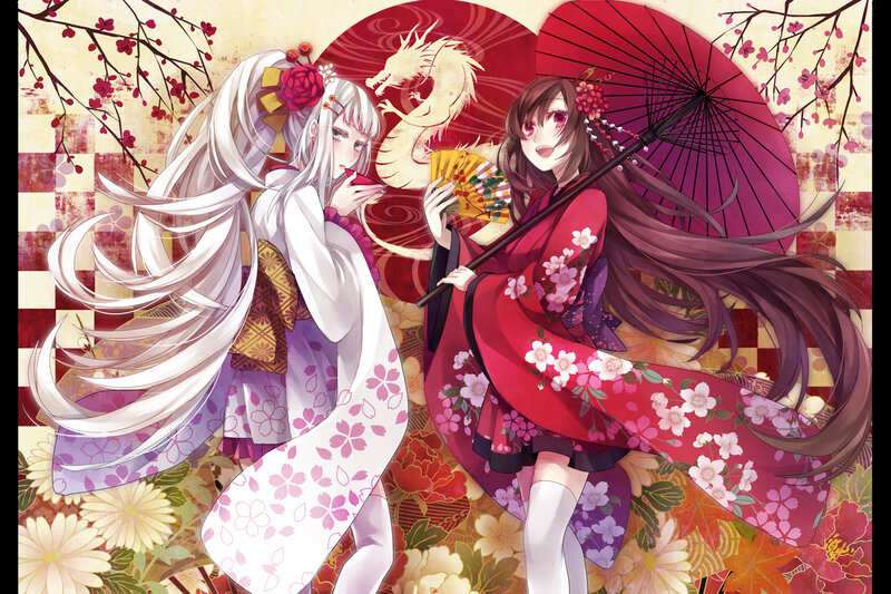Two Girls in Kimonos — Red, Serene