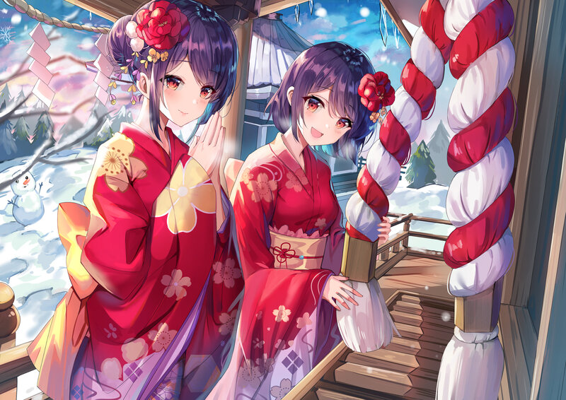 Two Girls in Kimonos — Red, Serene, Winter, Anime, Snow