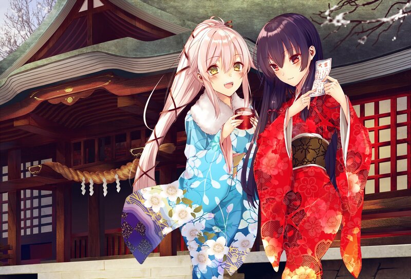 Two Girls in Kimonos — Red, Serene, Winter
