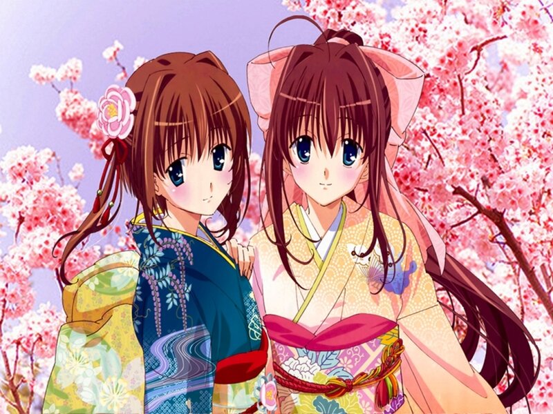 Two girls in kimonos under cherry blossoms