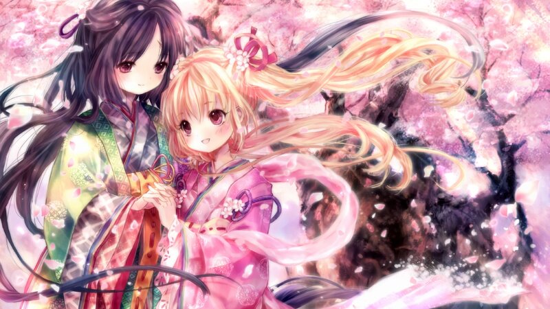 Two girls in kimonos under cherry blossoms