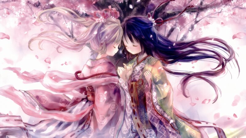 Two girls in kimonos under cherry blossoms