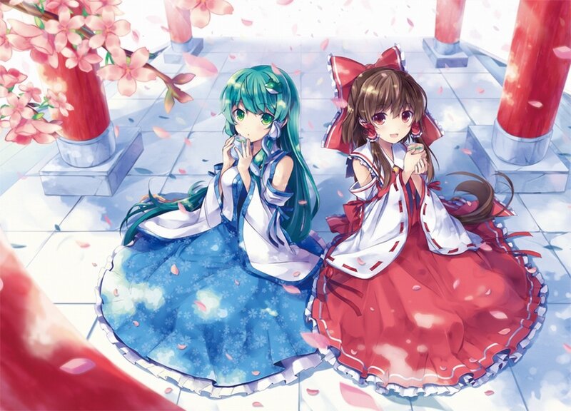 Two girls in kimonos under cherry blossoms