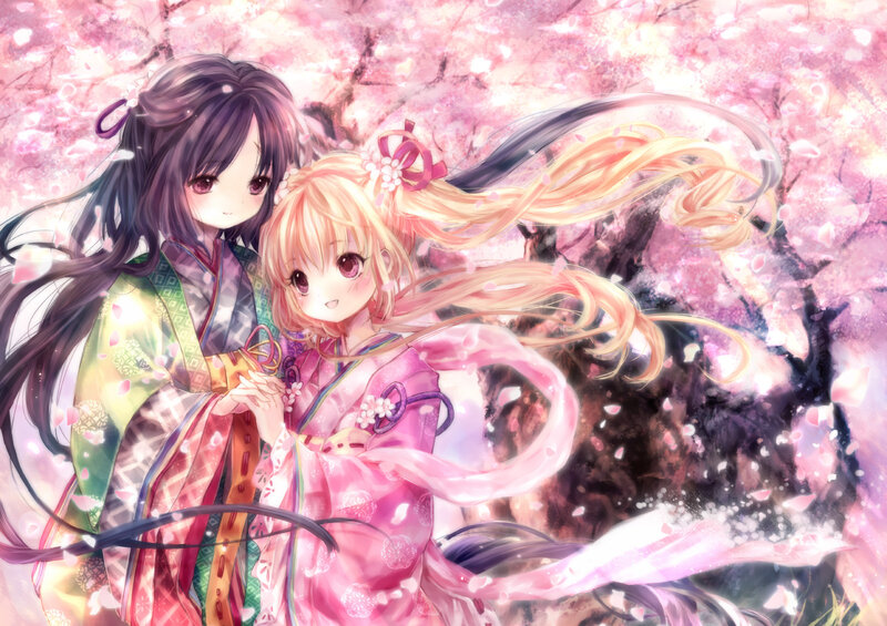 Two girls in kimonos under cherry blossoms