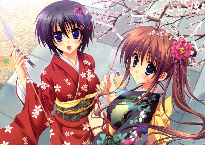 Two girls in kimonos under cherry blossoms