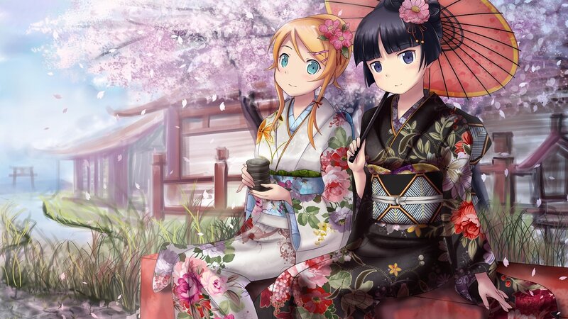 Two girls in kimonos under cherry blossoms
