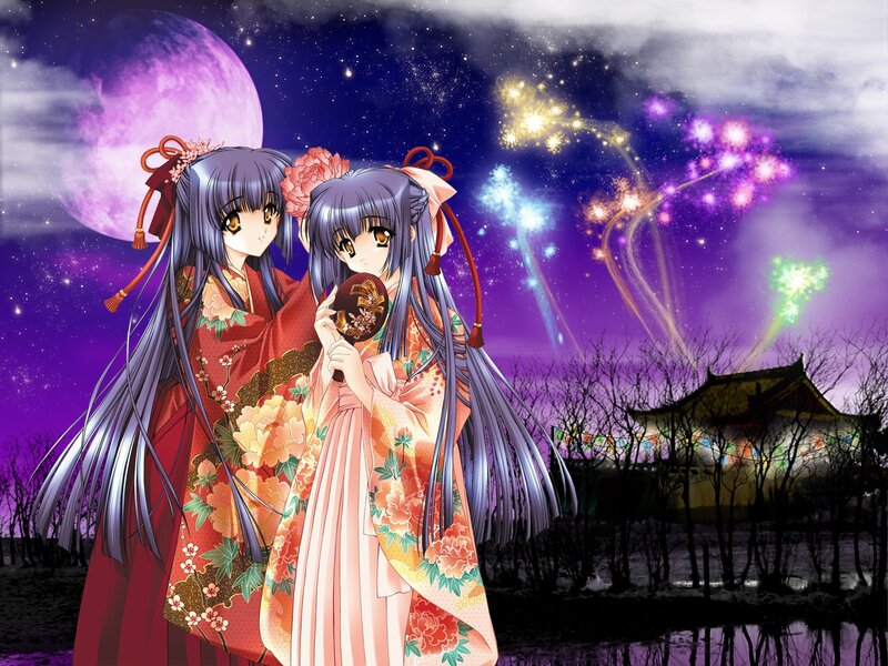 Two girls in kimonos under fireworks