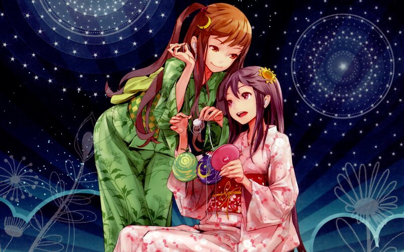 Two girls in kimonos under stars