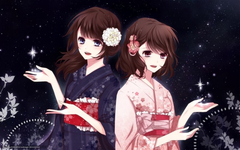Two girls in kimonos under stars