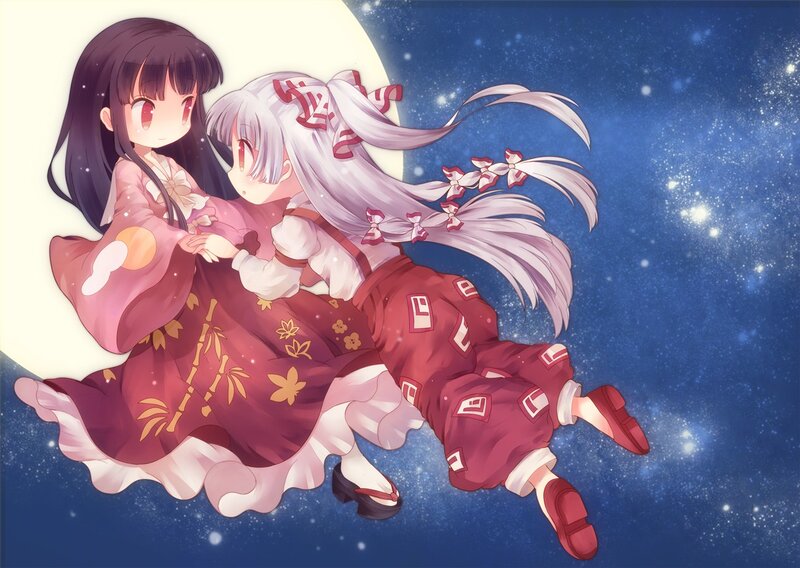 Two girls in kimonos under the moon