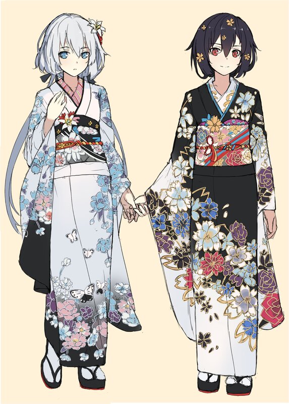 Two Girls in Kimonos — White, Calm, Anime