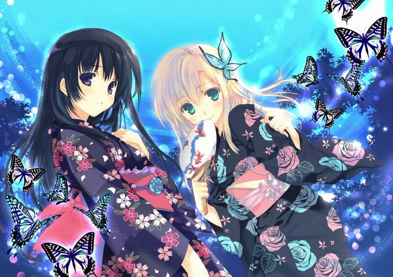 Two girls in kimonos with butterflies