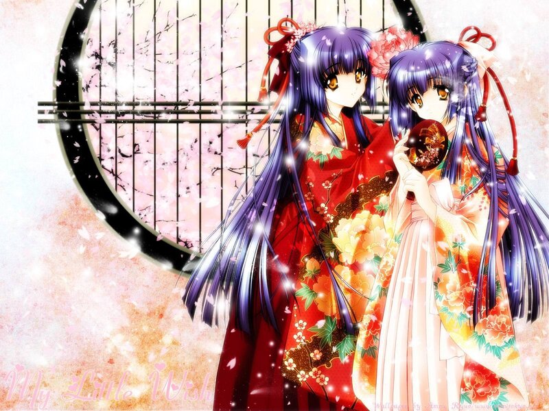 Two girls in kimonos with cherry blossoms