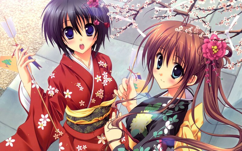 Two girls in kimonos with cherry blossoms