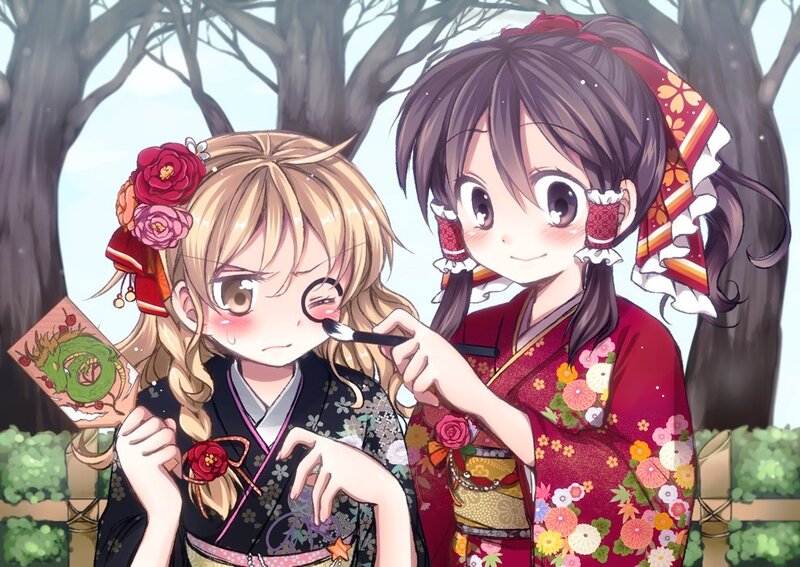 Two girls in kimonos with makeup