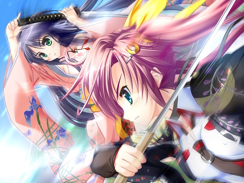 Two girls in kimonos with swords