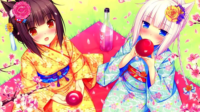 Two Girls in Kimonos — Yellow, Cheerful, Spring