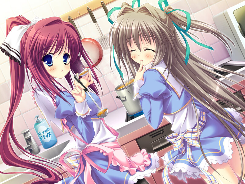 Two Girls in Kitchen — Blue, Cheerful