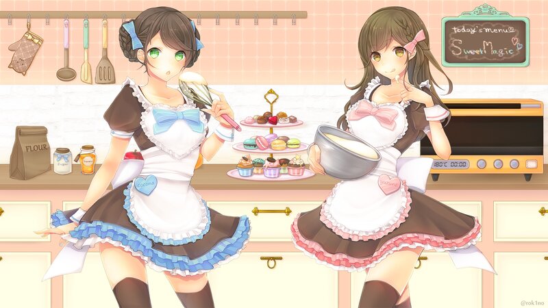 Two Girls in Kitchen — Brown, Cheerful, Anime