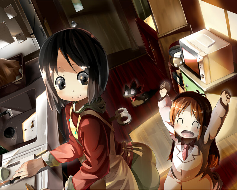 Two Girls in Kitchen — Brown, Cheerful