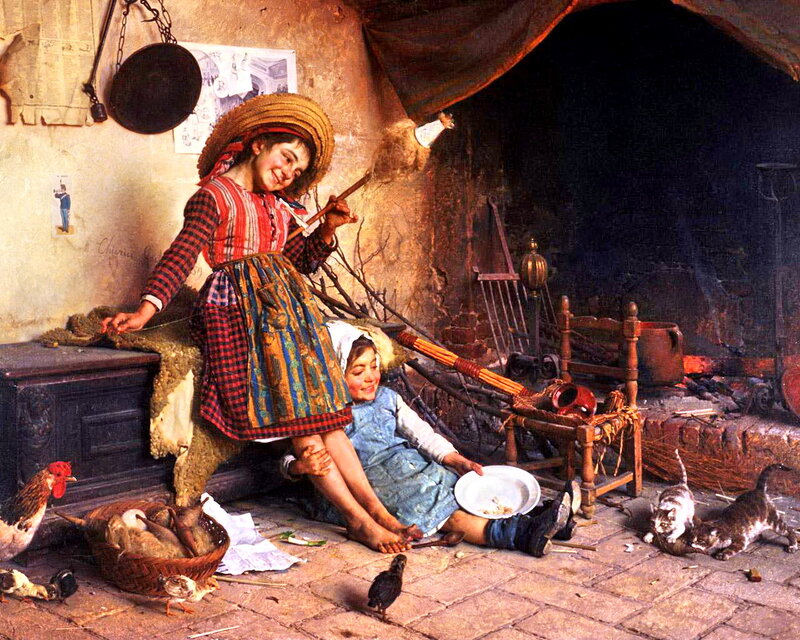 Two Girls in Kitchen — Brown, Domestic