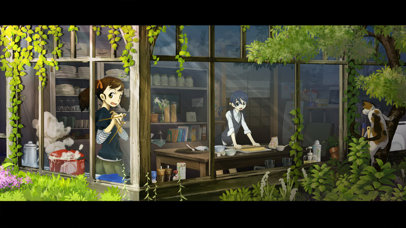 Two Girls in Kitchen — Green, Calm