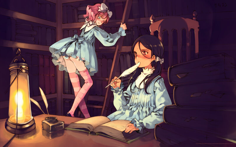 Two Girls in Library — Purple
