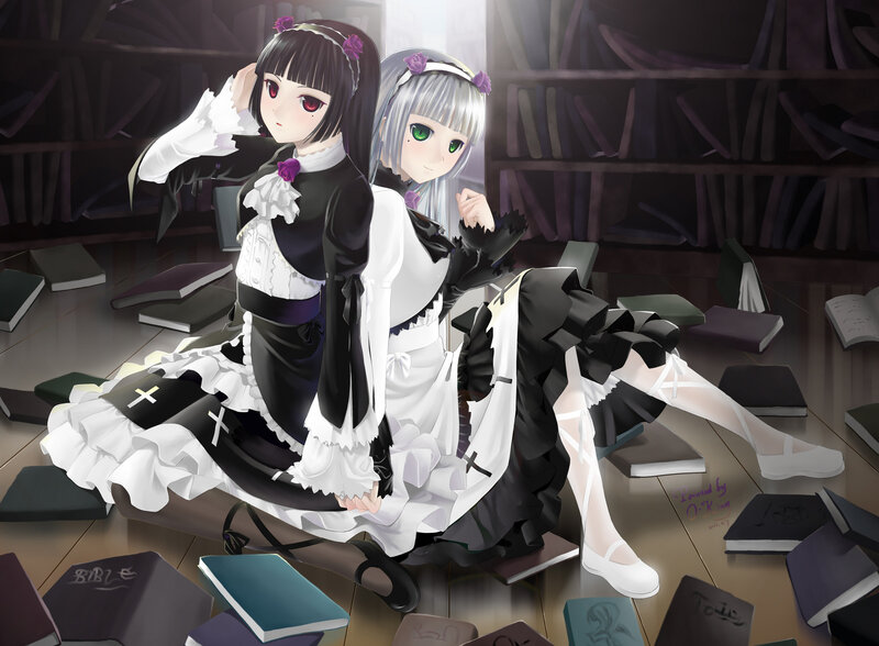 Two Girls in Maid Outfits — Black, Dramatic