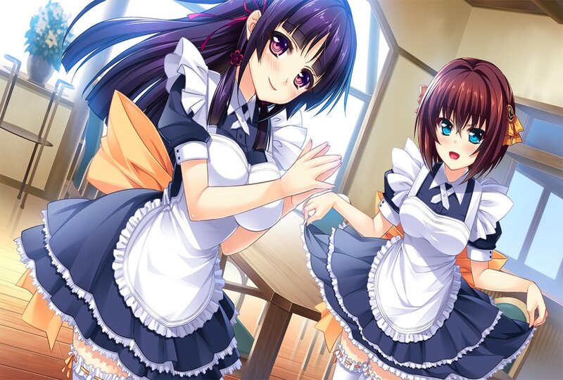 Two Girls in Maid Outfits — Blue, Cheerful, Afternoon