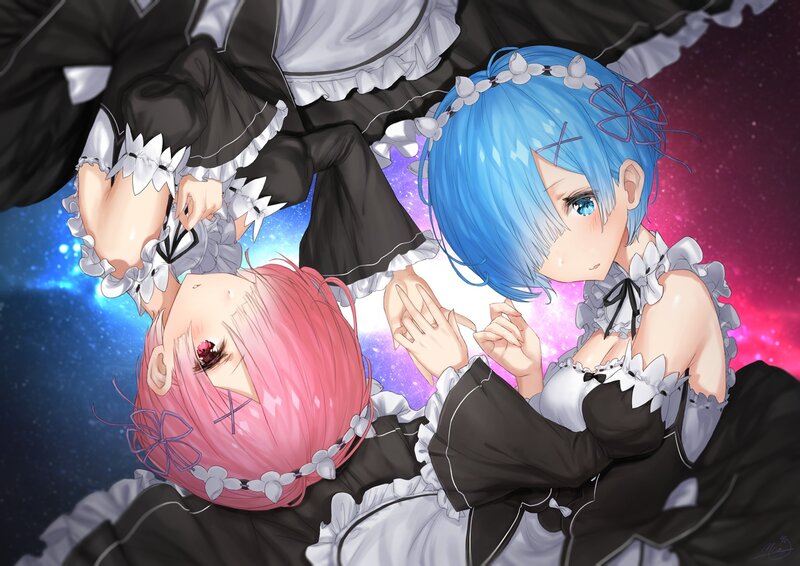 Two Girls in Maid Outfits — Blue, Dramatic, Night