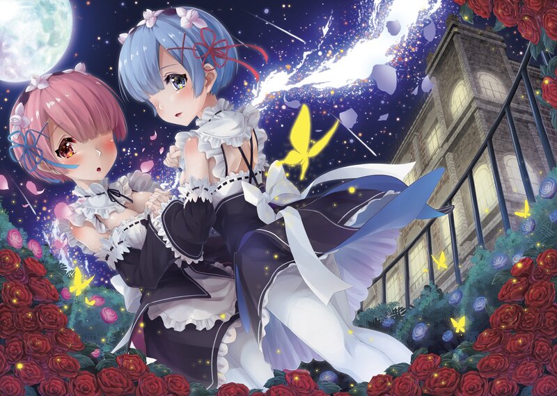 Two Girls in Maid Outfits — Blue, Dreamy, Night, Anime