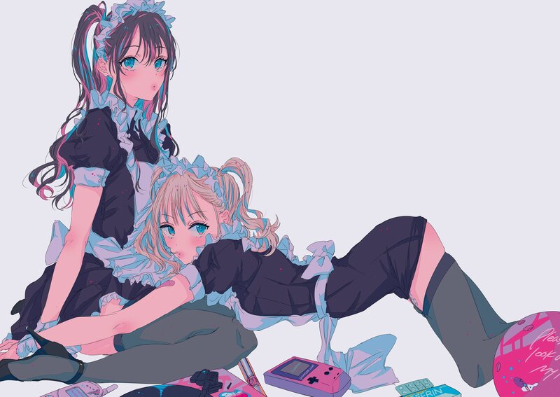 Two Girls in Maid Outfits — Pink, Playful, Anime, Video Game Console