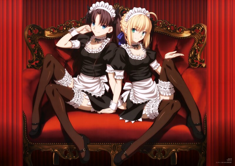 Two Girls in Maid Outfits — Red, Dramatic, Anime, Couch