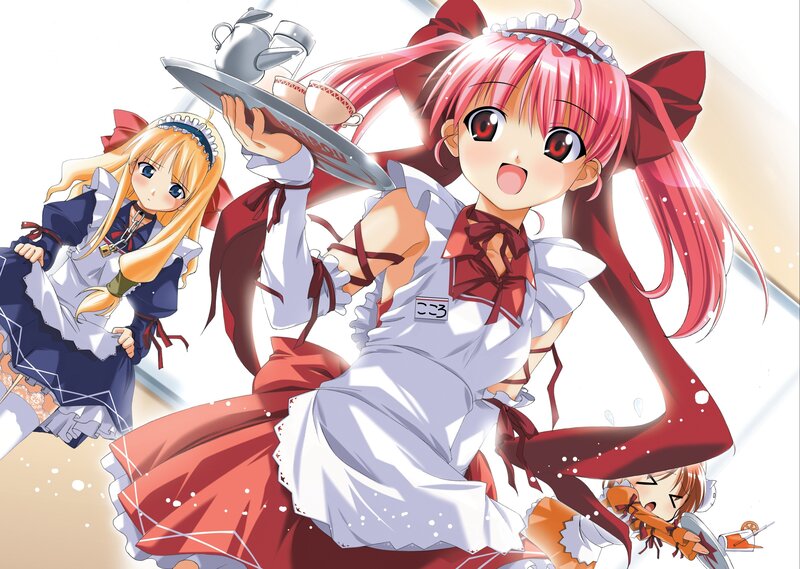 Two Girls in Maid Outfits — Red, Playful, Anime, Maid Uniforms, Tea Tray, Coffee Cup