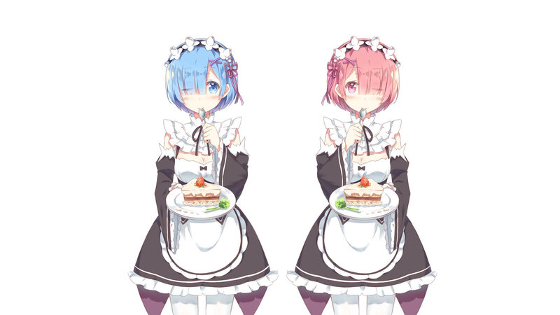 Two Girls in Maid Outfits — White, Calm, Anime, Cake