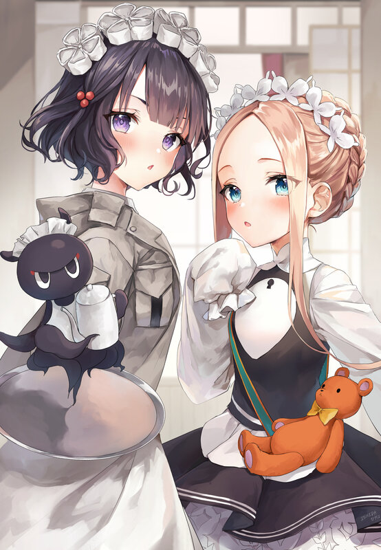 Two Girls in Maid Outfits — White, Calm, Anime, Teddy Bear